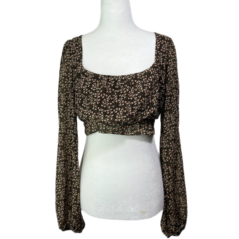 PRE- OWNED - Altar'd State Long Sleeve Brown Floral Crop Top Size Medium