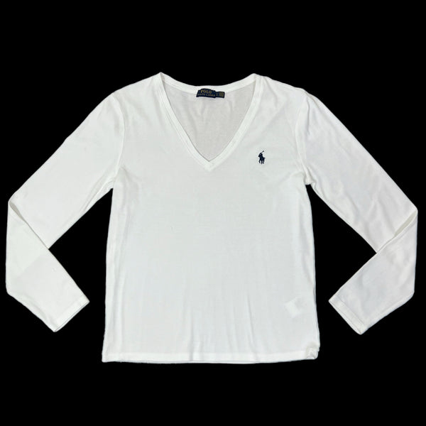  POLO Ralph Lauren White Long Sleeve Sleeve V Neck T-Shirt Preowned size large