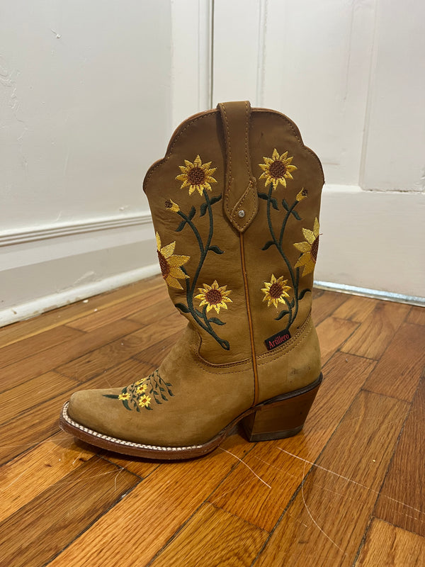 PRE-OWNED - Artillero Brown Leather Sunflower Embroidered Boots Size 7.5