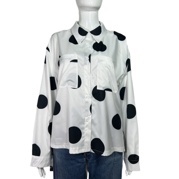 PRE-OWNED -  Women's White & Black Polka Dot Long Sleeve Dipped Hem Shirt 3XL