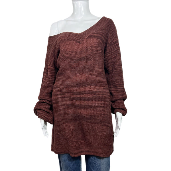 PRE-OWNED - Burgundy V Neck Off The Shoulder Long Sleeve Sweater