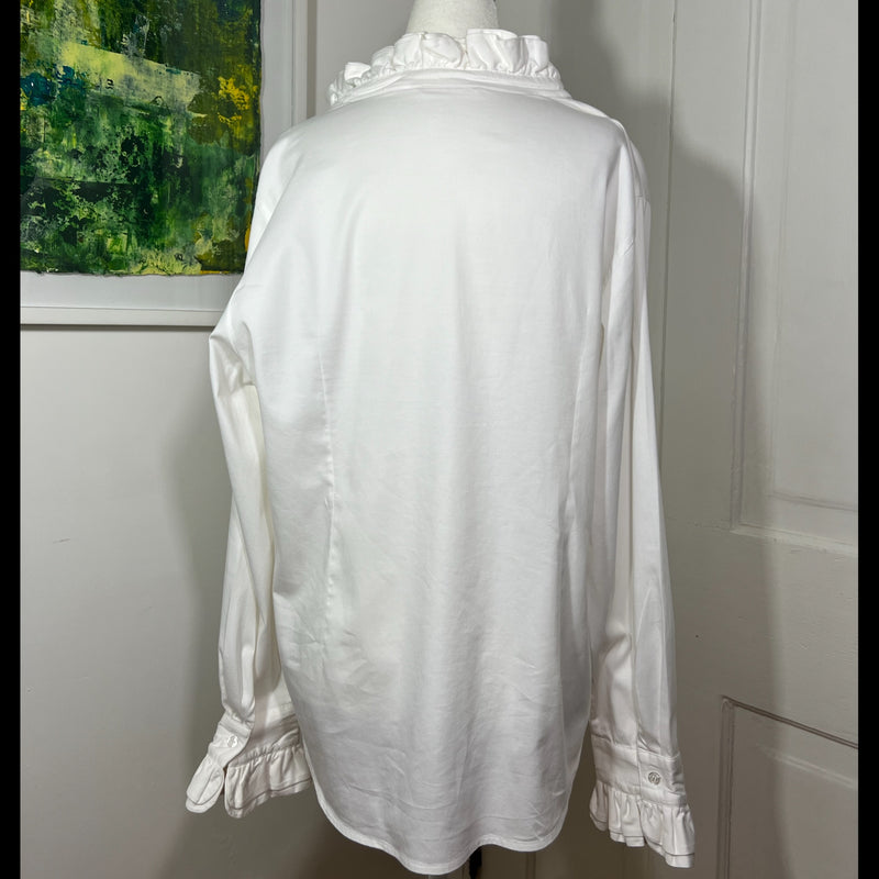 PRE-OWNED - Soft Surroundings White Button Down Long Sleeve Ruffle Detail Shirt