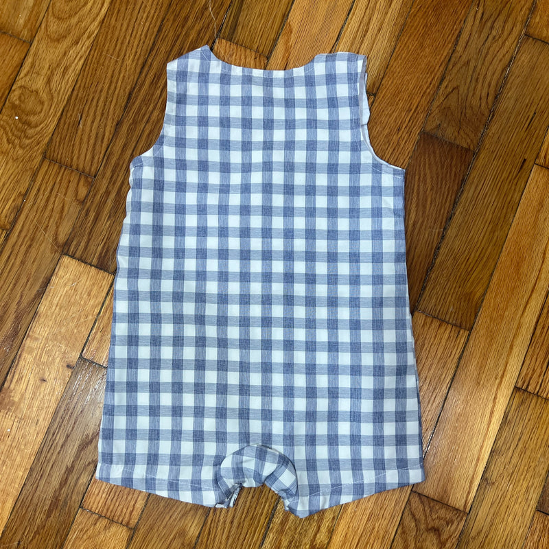 PRE-OWNED - mudpie Boys Sky Blue &n White Checkerboard Printed Romper - Size 9 to 12 Months
