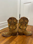 PRE-OWNED - Artillero Brown Leather Sunflower Embroidered Boots Size 7.5
