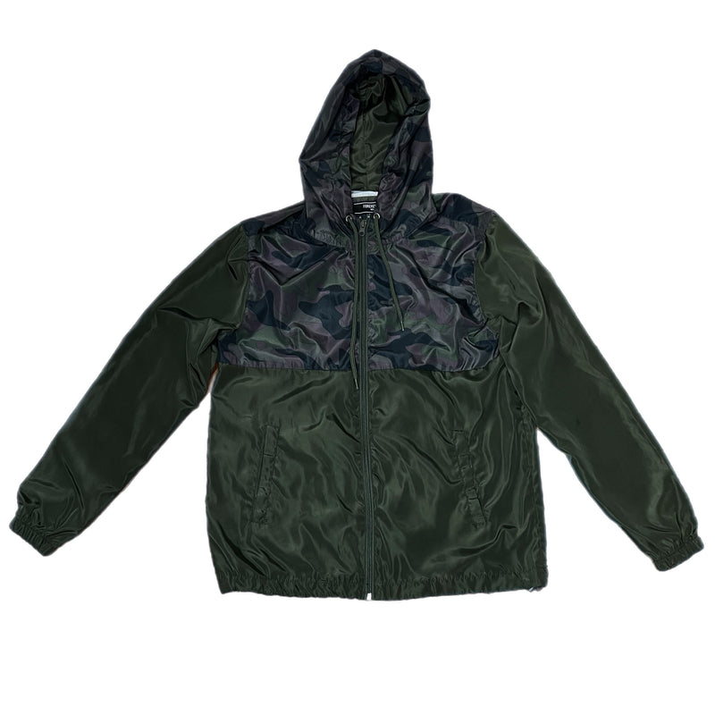 PRE-OWNED - Men's Forever 21 Green with Camouflage Accent Hooded Rain Jacket Size Small preloved fashion shopping Style and Give