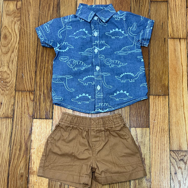 PRE-OWNED - Carter's 2 Piece Baby Boy Dinosaur Shirt with Brown Shorts Size 6 Months Style and Give Secondhand Shopping for Good