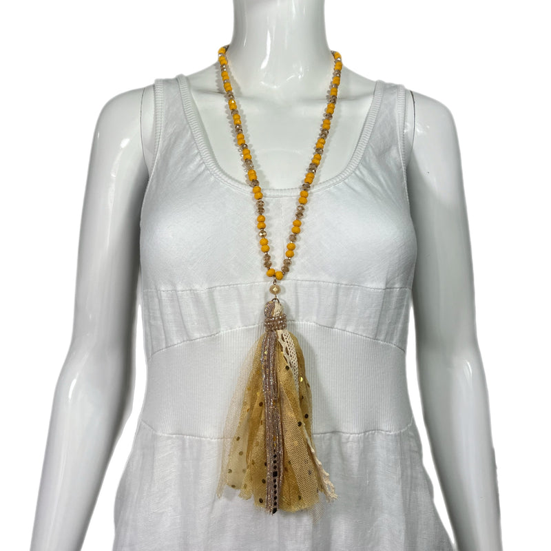 PRE-OWNED - Yellow Beaded Iridescent Fabric Tassel Necklace Luxury Preloved Fashion Shopping