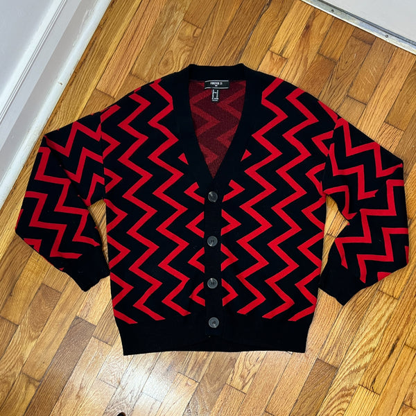 PRE-OWNED - Forever 21 Men's Black & Red Patterned Cardigan size Medium