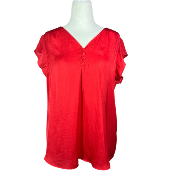 PRE-OWNED - JNY Jones New York Red V Neck Flutter Sleeve Blouse Size Medium