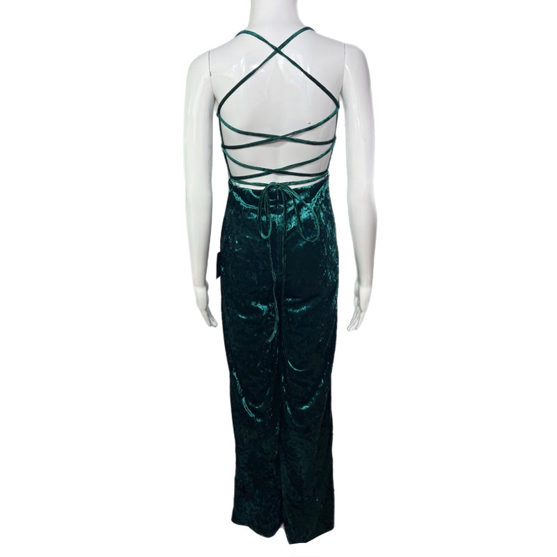 PRE-OWNED -  Lulus Dreams of Disco Emerald Green Velvet Lace-Up Jumpsuit