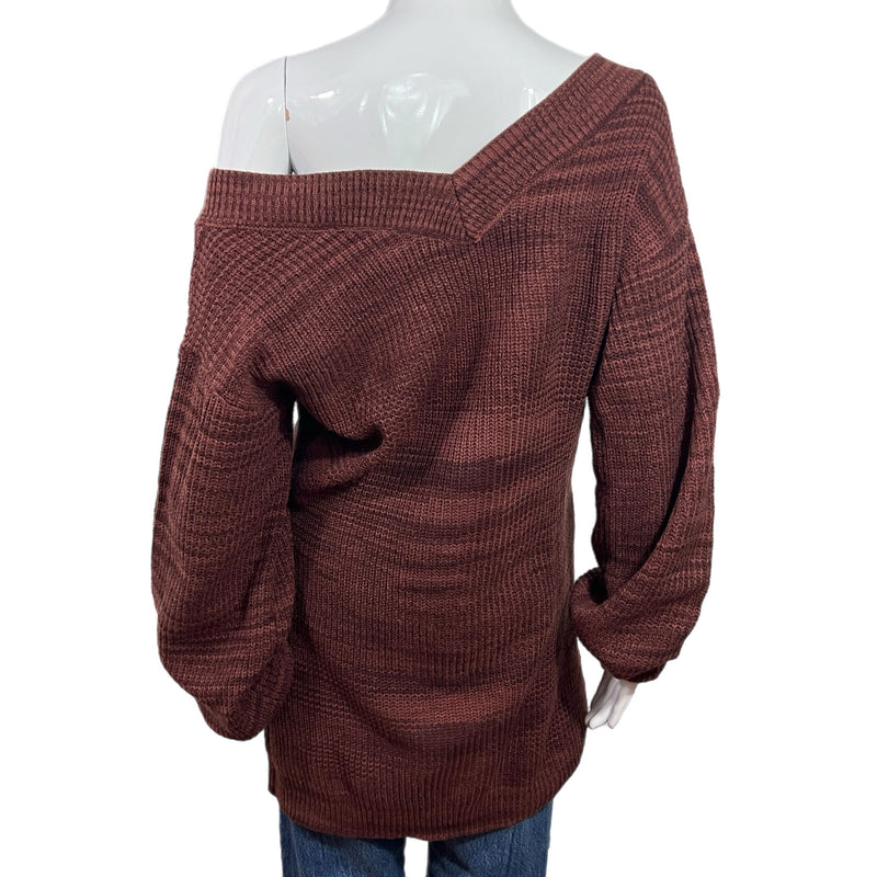 PRE-OWNED - Burgundy V Neck Off The Shoulder Long Sleeve Sweater