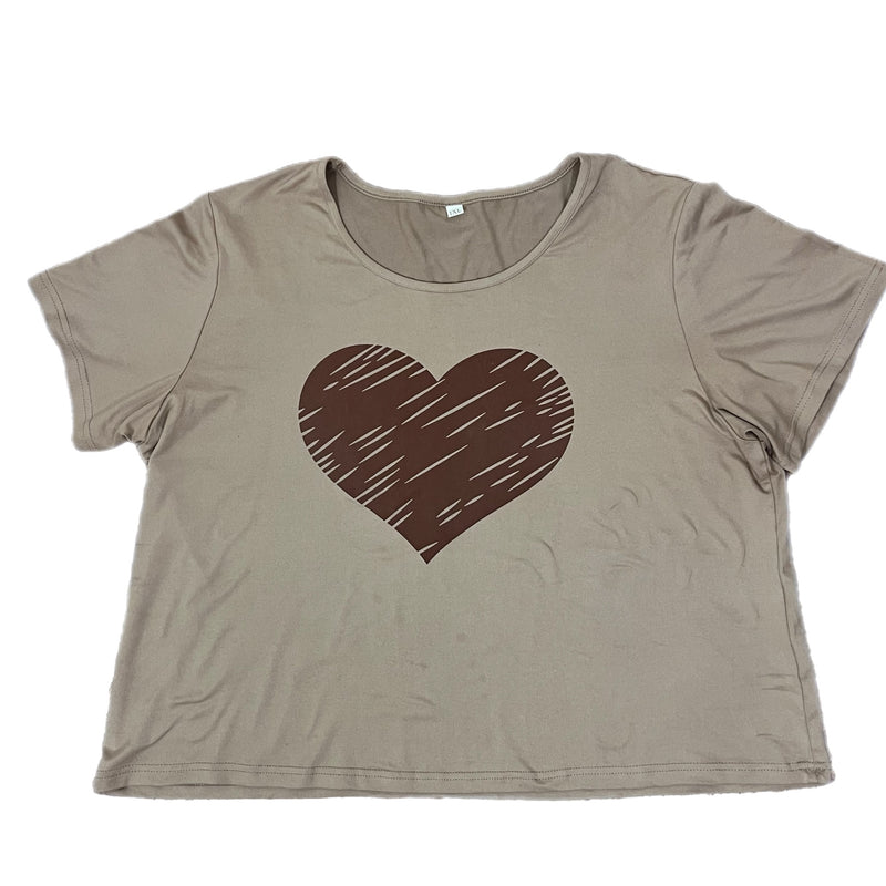 PRE-OWNED -  Women's Light Brown Heart Accent Short Sleeve T-Shirt - Size 1XL