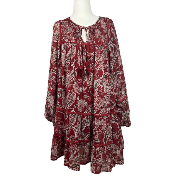  Blue Rain Burgundy Long Sleeve Paisley Print Dress Preowned Size Small