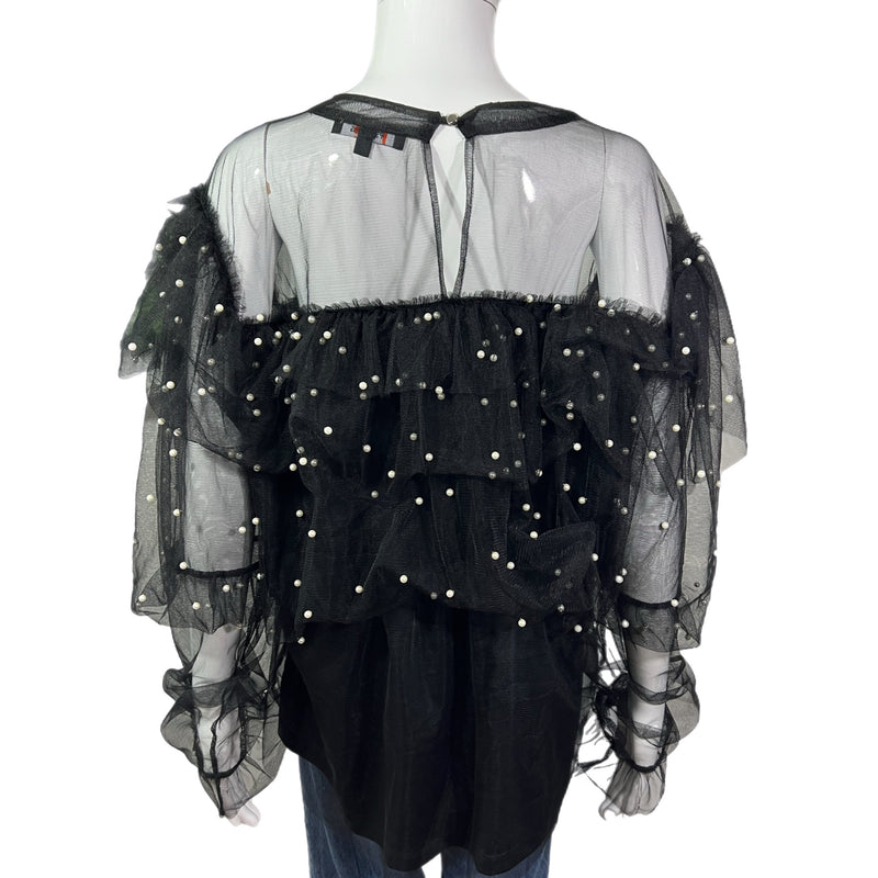 PRE-OWNED - Ups & Downs Black Sheer Ruffle Long Sleeve Pearl Accent Top