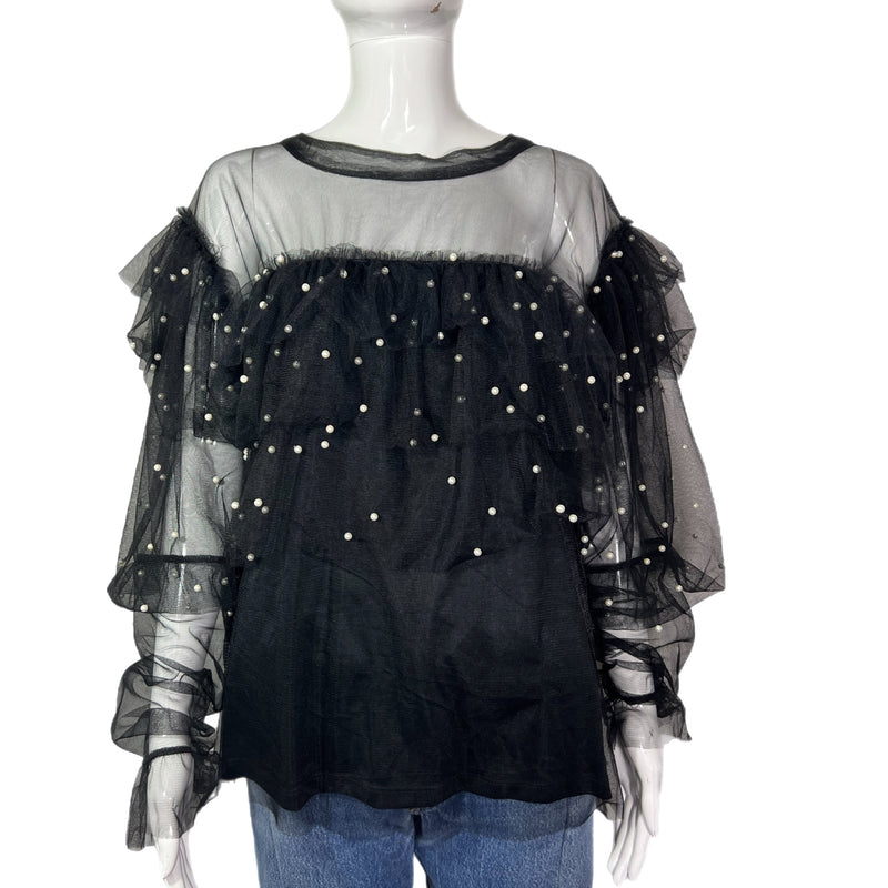 PRE-OWNED - Ups & Downs Black Sheer Ruffle Long Sleeve Pearl Accent Top size 3x - secondhand shopping 