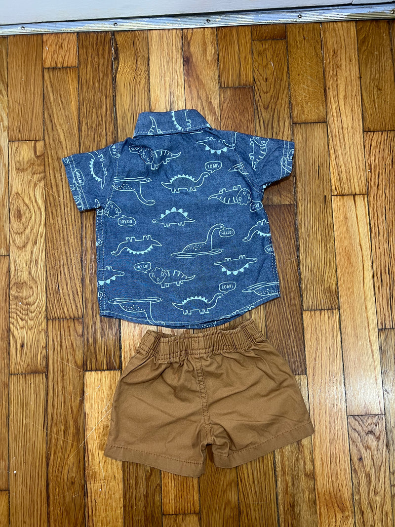 PRE-OWNED - Carter's 2 Piece Baby Boy Dinosaur Shirt with Brown Shorts Size 6 Months