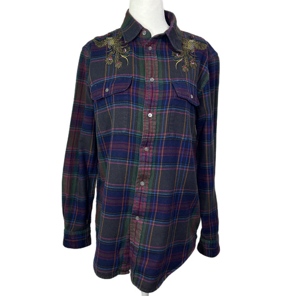 PRE-OWNED - POLO Ralph Lauren Purple Plaid with Peacock Design Long Sleeve Shirt Size medium