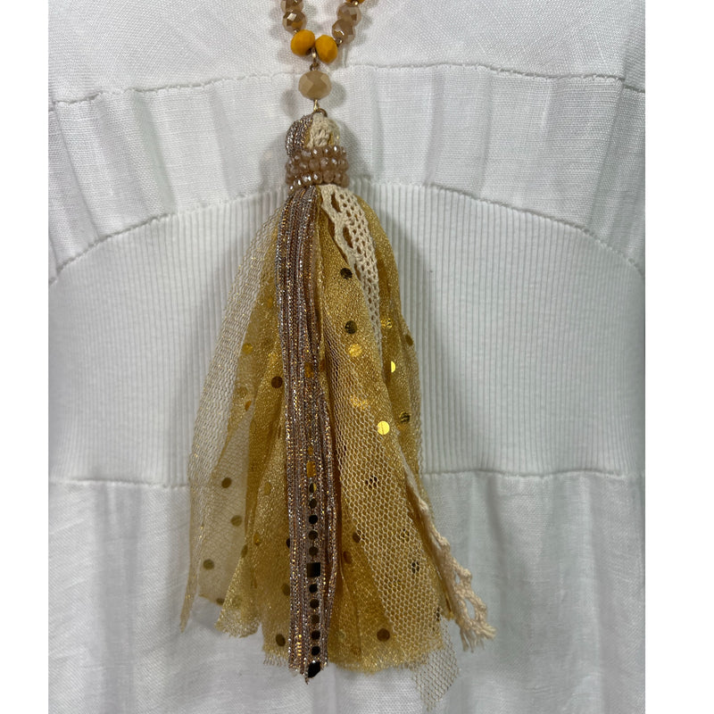 PRE-OWNED - Yellow Beaded Iridescent Fabric Tassel Necklace