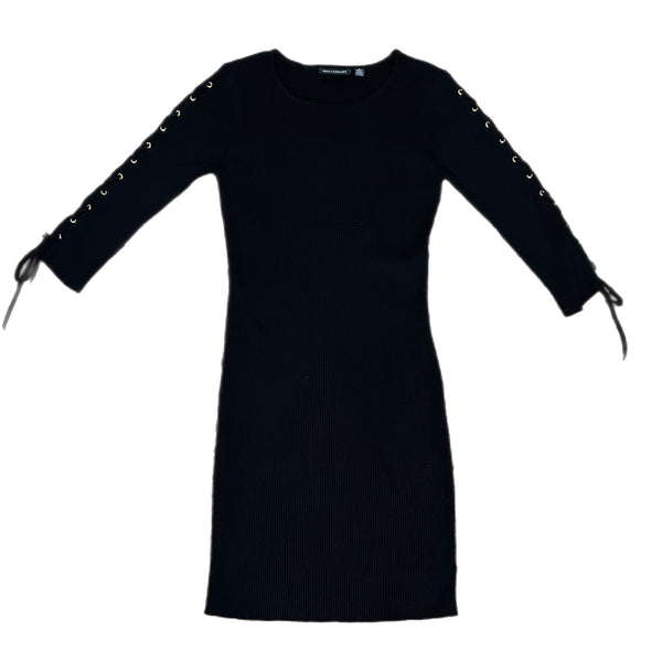 PRE-OWNED - Nina Leonard Ribbed Black Three Quarter Sleeve with Ties Dress Size Small