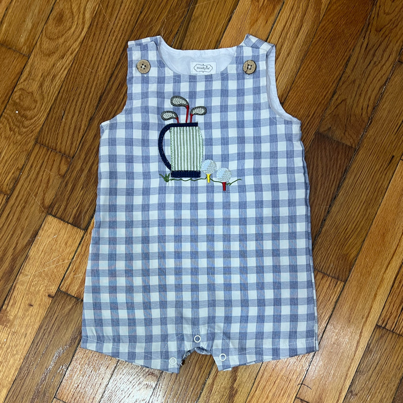 PRE-OWNED - mudpie Boys Sky Blue &n White Checkerboard Printed Romper - Size 9 to 12 Months Style and Give Secondhand Shopping 