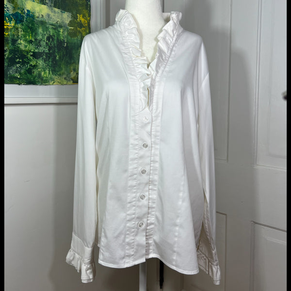 PRE-OWNED - Soft Surroundings White Button Down Long Sleeve Ruffle Detail Shirt Size Large