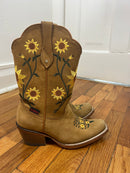 PRE-OWNED - Artillero Brown Leather Sunflower Embroidered Boots Size 7.5