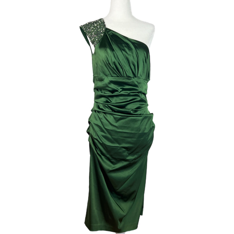 Preowned - Suzi Chin Green One Shoulder Body-con Dress with Bedazzled Shoulder Size 10