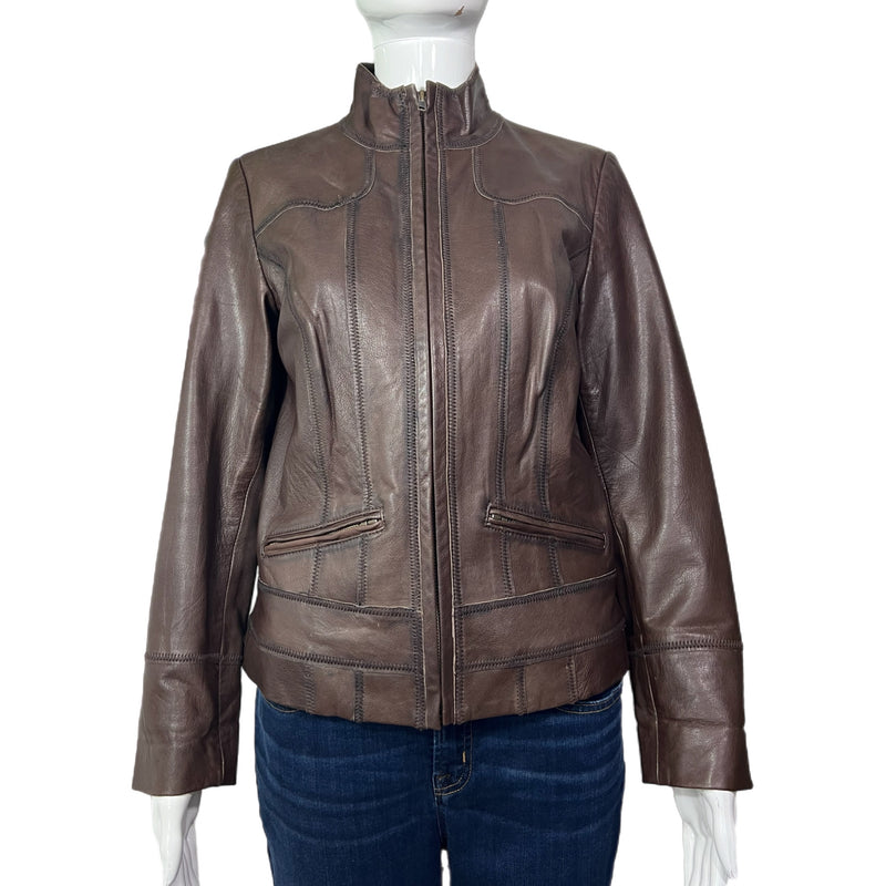 PRE-OWNED - Caslon Brown Leather Jacket Size Petite Small Style and Give - Luxury resale fashion at a great price