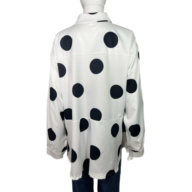 PRE-OWNED -  Women's White & Black Polka Dot Long Sleeve Dipped Hem Shirt