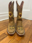 PRE-OWNED - Artillero Brown Leather Sunflower Embroidered Boots Size 7.5