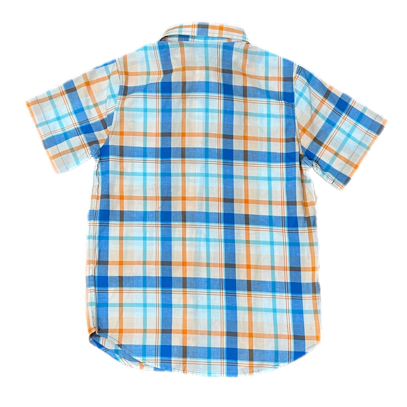 PRE-OWNED Boys Plaid Short Sleeve Orange and Blue Shirt