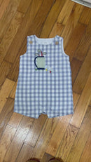 PRE-OWNED - mudpie Boys Sky Blue &n White Checkerboard Printed Romper - Size 9 to 12 Months