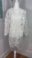 PRE-OWNED - ALFANI White Eyelet Lace Three Quarter Sleeve Open Front Cardigan