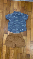 PRE-OWNED - Carter's 2 Piece Baby Boy Dinosaur Shirt with Brown Shorts Size 6 Months