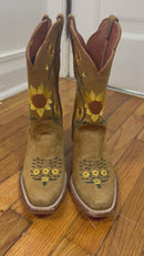 PRE-OWNED - Artillero Brown Leather Sunflower Embroidered Boots Size 7.5