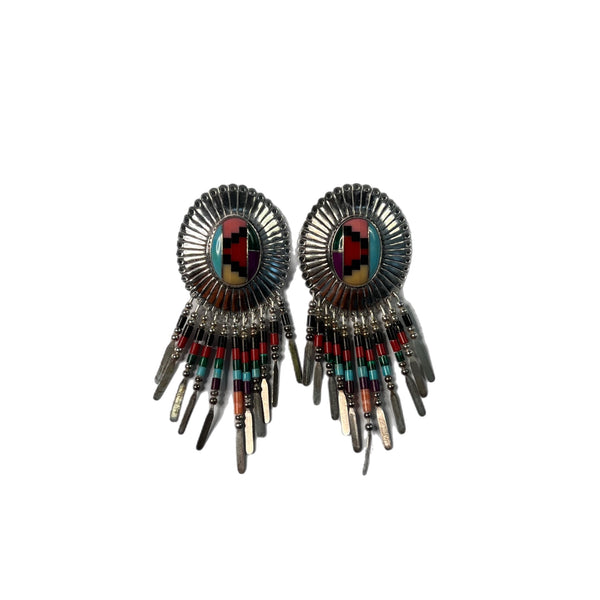 Zuni Sterling Silver -  Black Onyx, Mother of Pearl, Red Coral & Blue Turquoise Earrings Style and Give Vintage Preloved Preowned Earrings 